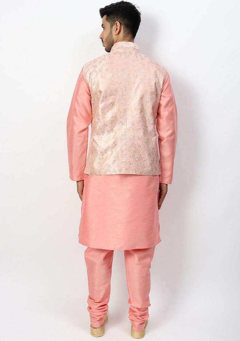 Pink Solid Silk Blend Kurta Set For Men - Indya