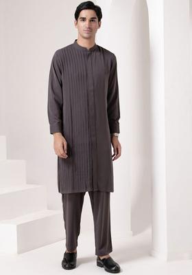Grey Solid Viscose Kurta Set For Men