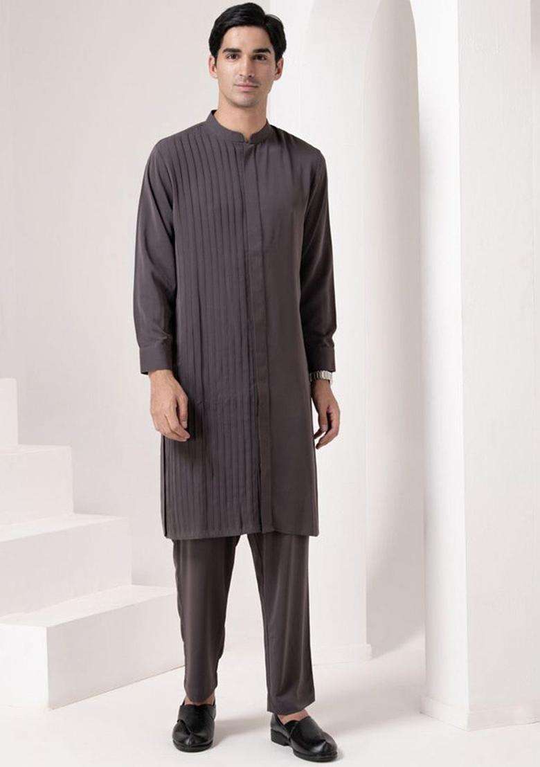 Grey Solid Viscose Kurta Set For Men - Indya