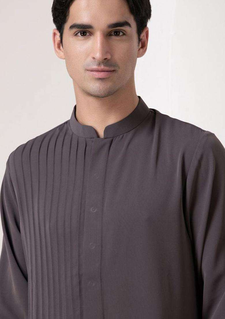 Grey Solid Viscose Kurta Set For Men - Indya