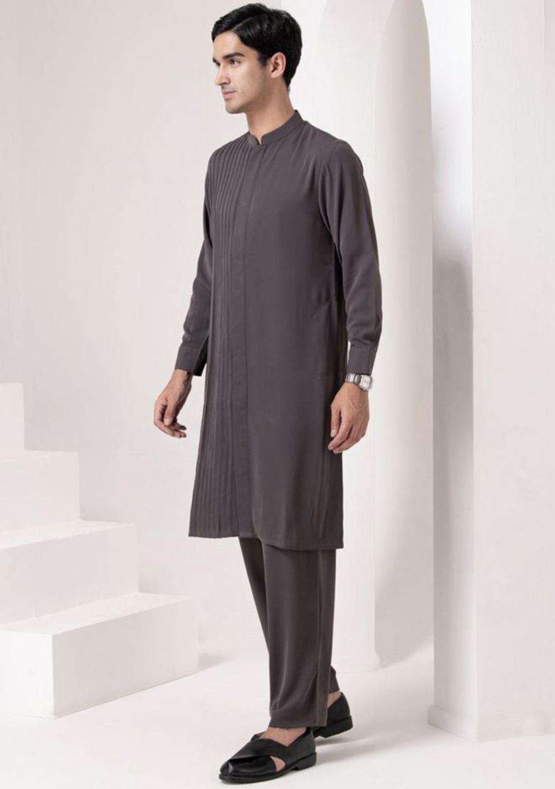 Grey Solid Viscose Kurta Set For Men - Indya