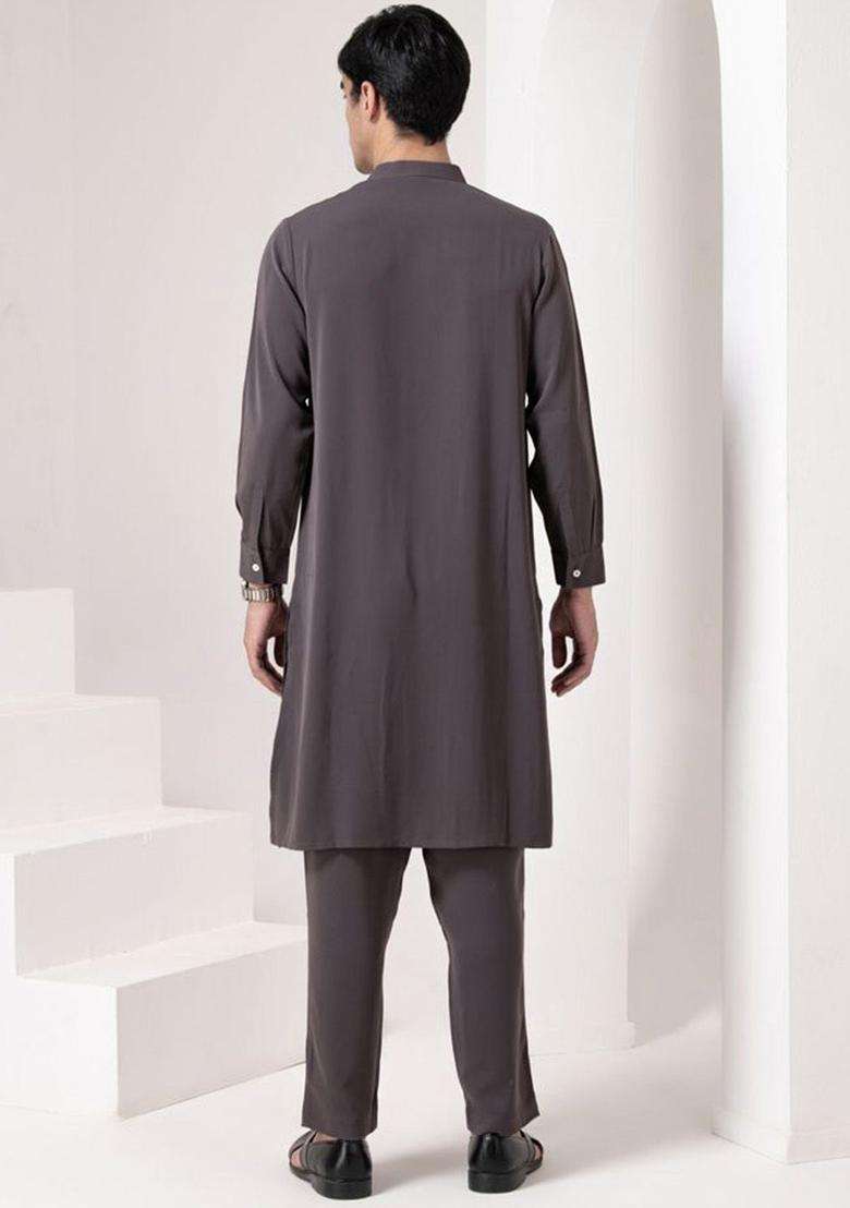 Grey Solid Viscose Kurta Set For Men - Indya