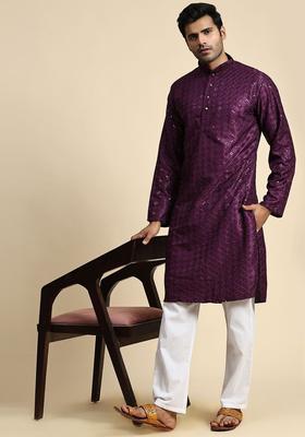 Purple Embroidered Cotton Kurta Set For Men
