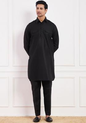 Black Solid Cotton Kurta Set For Men