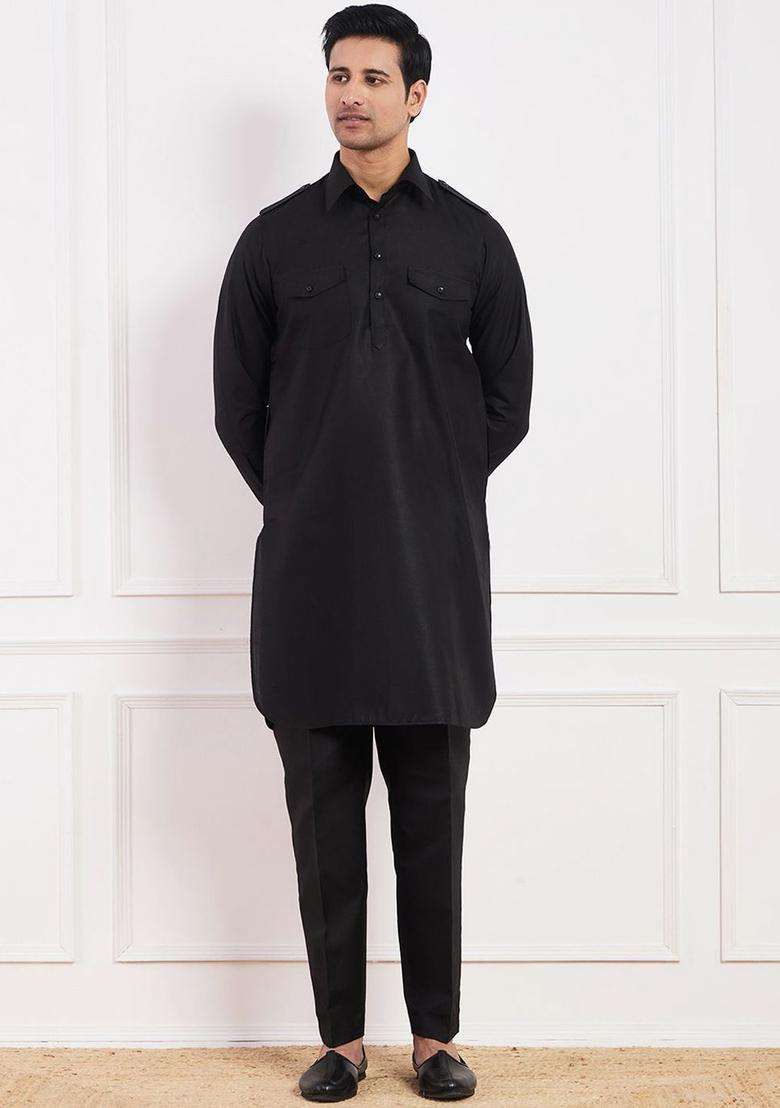 Black Solid Cotton Kurta Set For Men - Indya