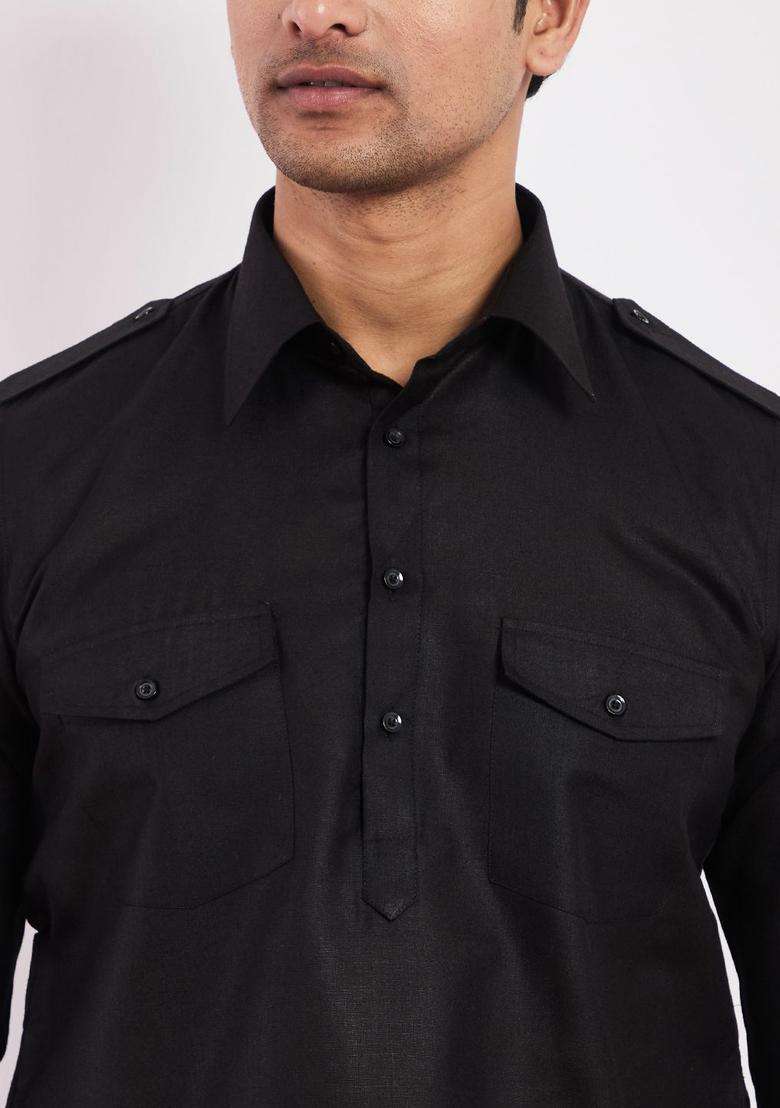 Black Solid Cotton Kurta Set For Men - Indya