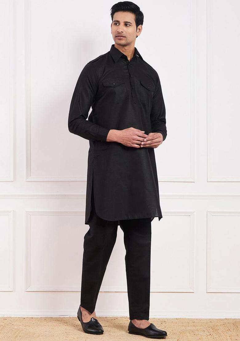 Black Solid Cotton Kurta Set For Men - Indya