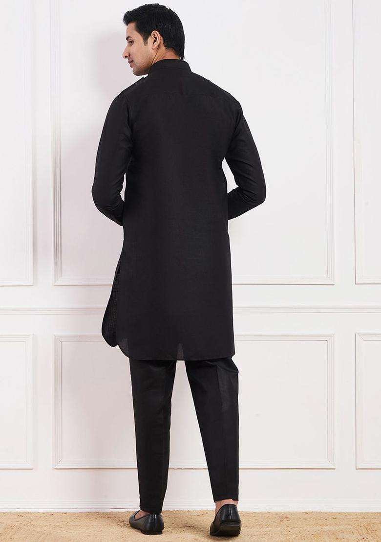 Black Solid Cotton Kurta Set For Men - Indya