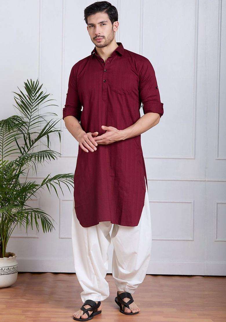 Maroon Self Design Cotton Kurta Set For Men - Indya