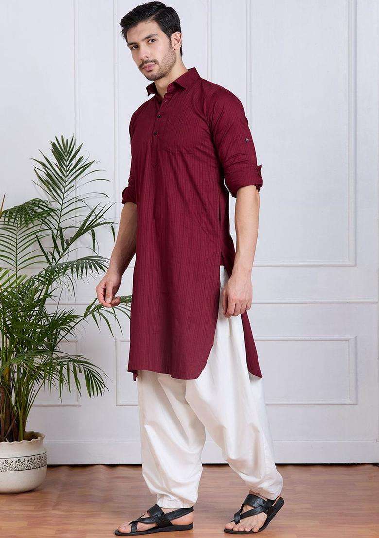 Maroon Self Design Cotton Kurta Set For Men - Indya