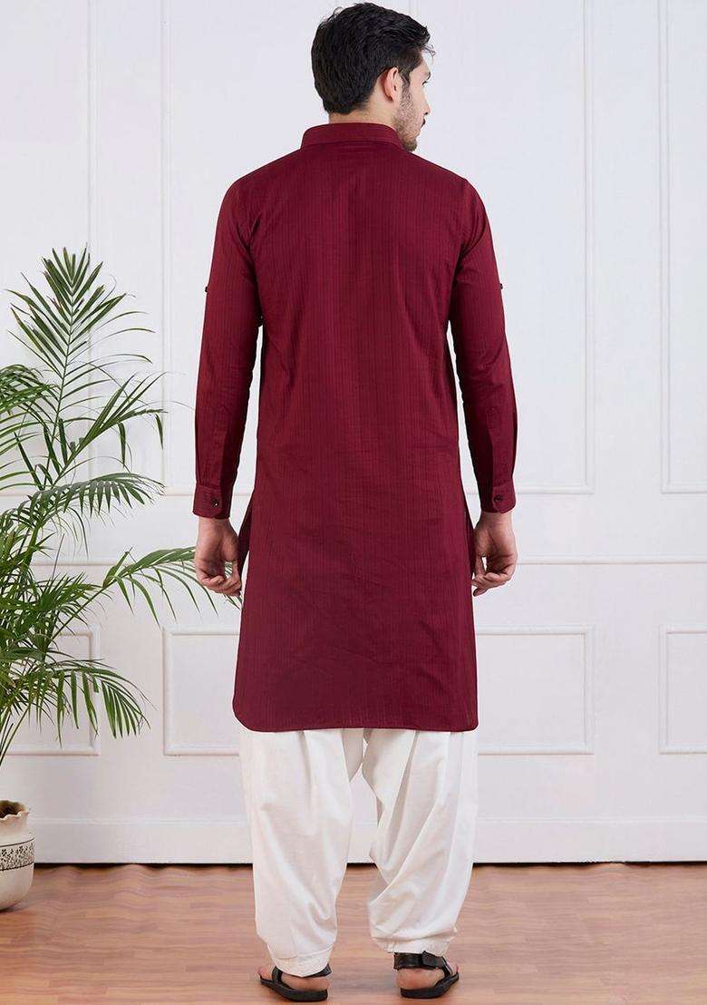 Maroon Self Design Cotton Kurta Set For Men - Indya