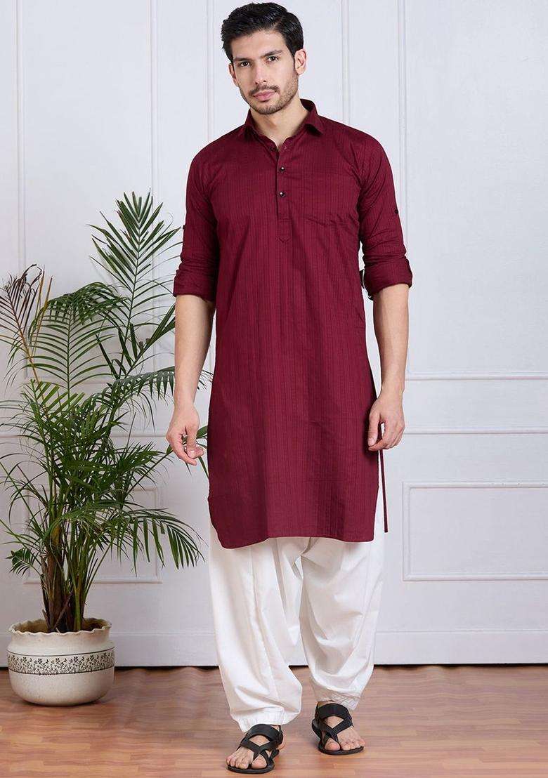 Maroon Self Design Cotton Kurta Set For Men - Indya