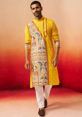 Yellow Printed Cotton Kurta Set For Men