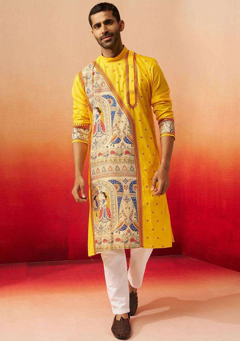 Yellow Printed Cotton Kurta Set For Men - Indya