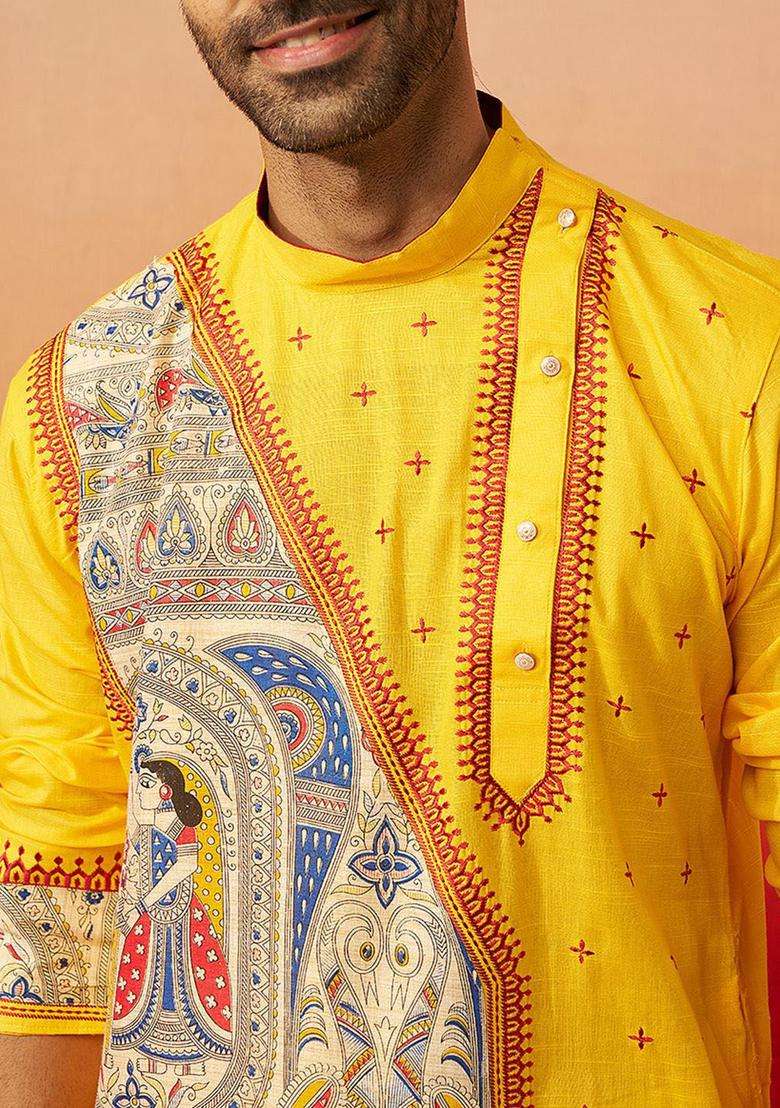 Yellow Printed Cotton Kurta Set For Men - Indya