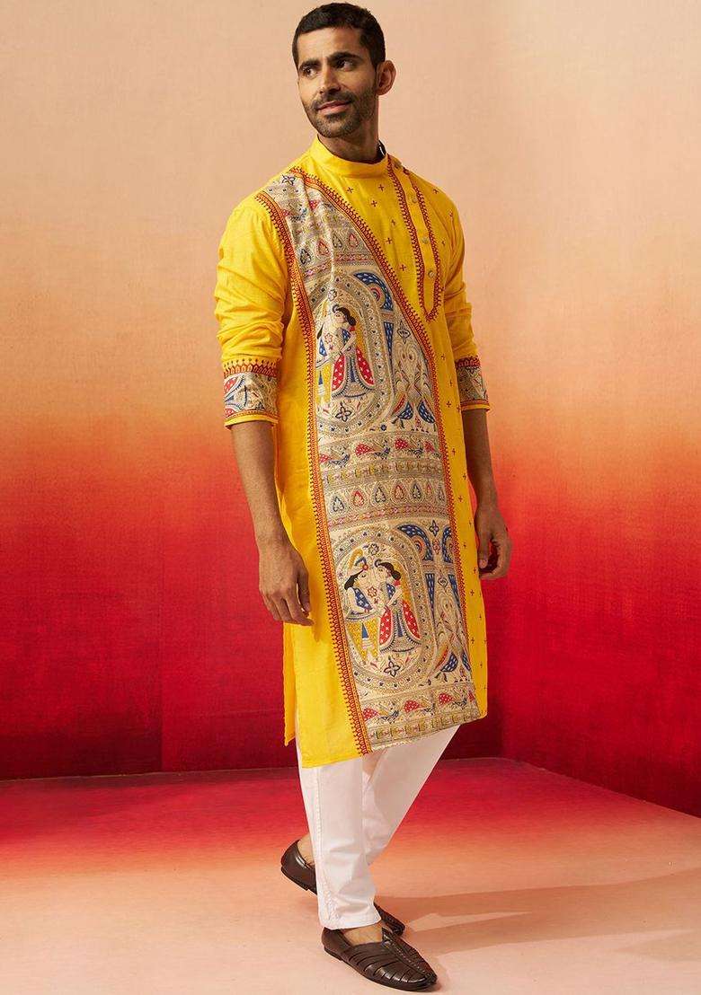 Yellow Printed Cotton Kurta Set For Men - Indya