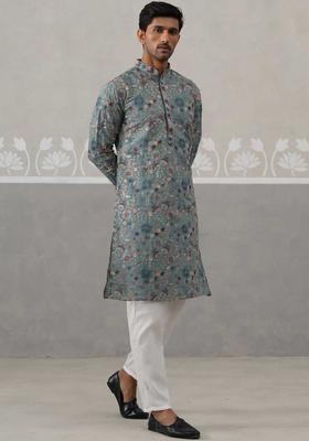 Blue Embroidered Silk Kurta Set For Men