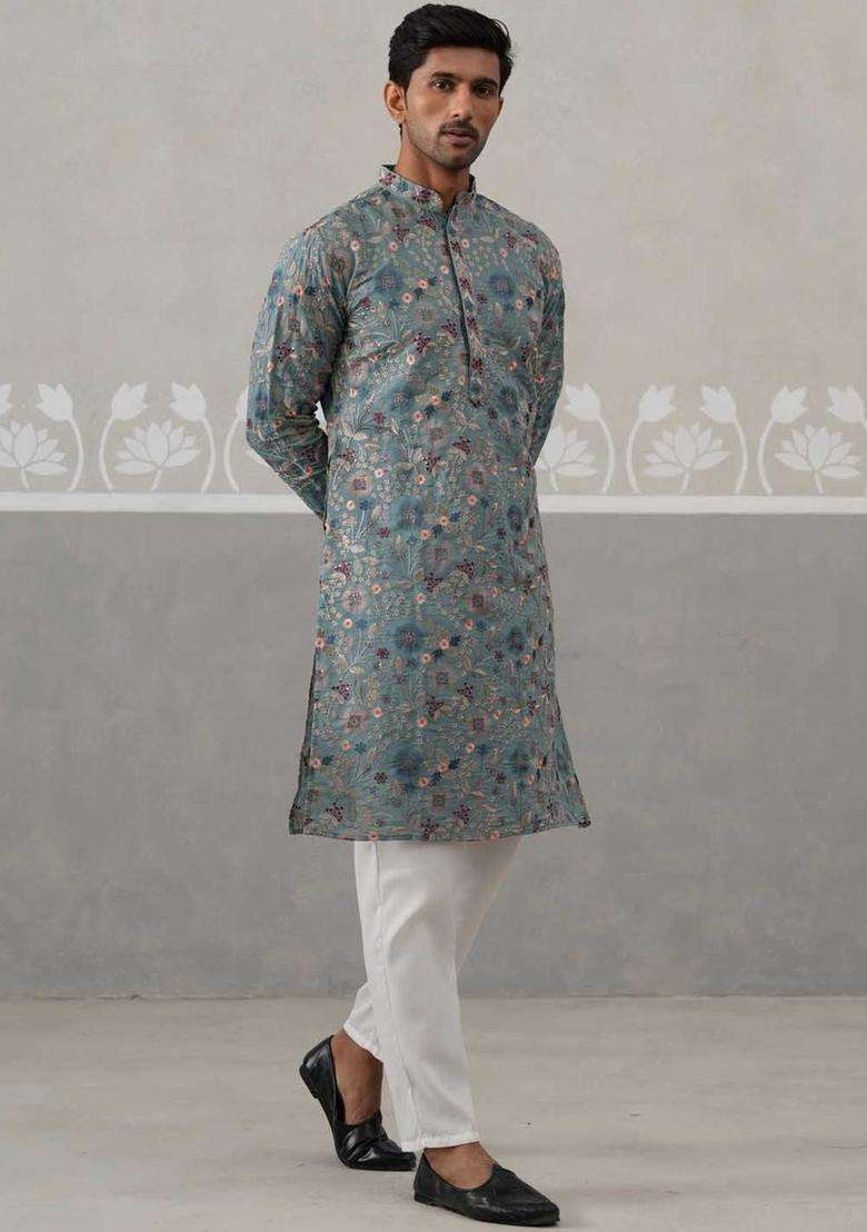 Blue Embroidered Silk Blend Kurta Set For Men - Indya