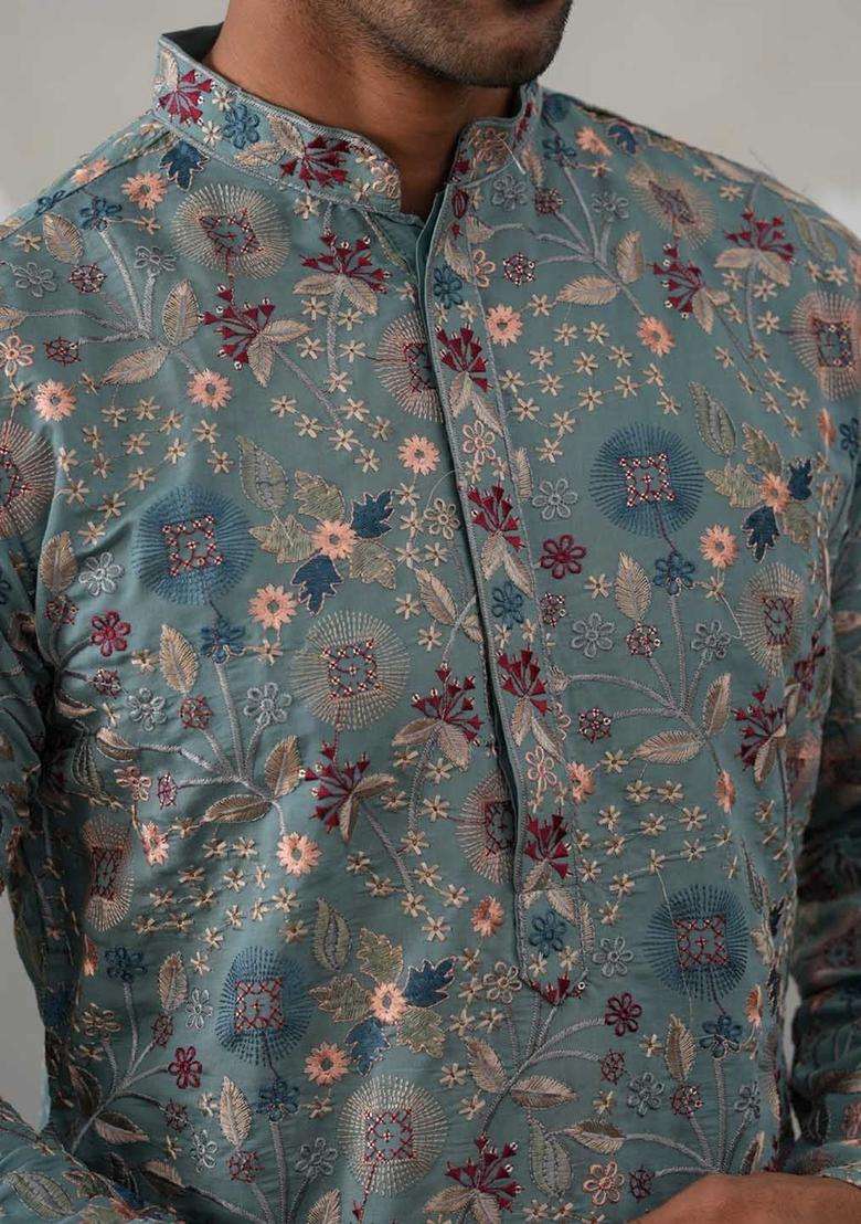 Blue Embroidered Silk Blend Kurta Set For Men - Indya
