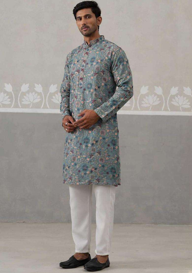 Blue Embroidered Silk Blend Kurta Set For Men - Indya