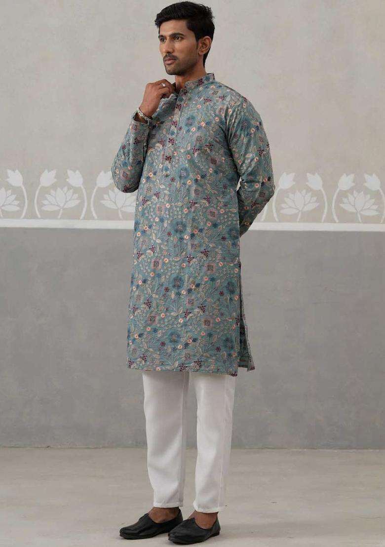 Blue Embroidered Silk Blend Kurta Set For Men - Indya