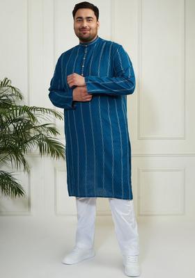 Blue Striped Cotton Kurta Set For Men