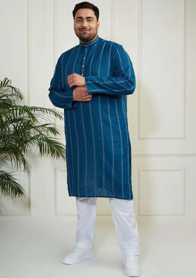 Blue Striped Cotton Kurta Set For Men - Indya