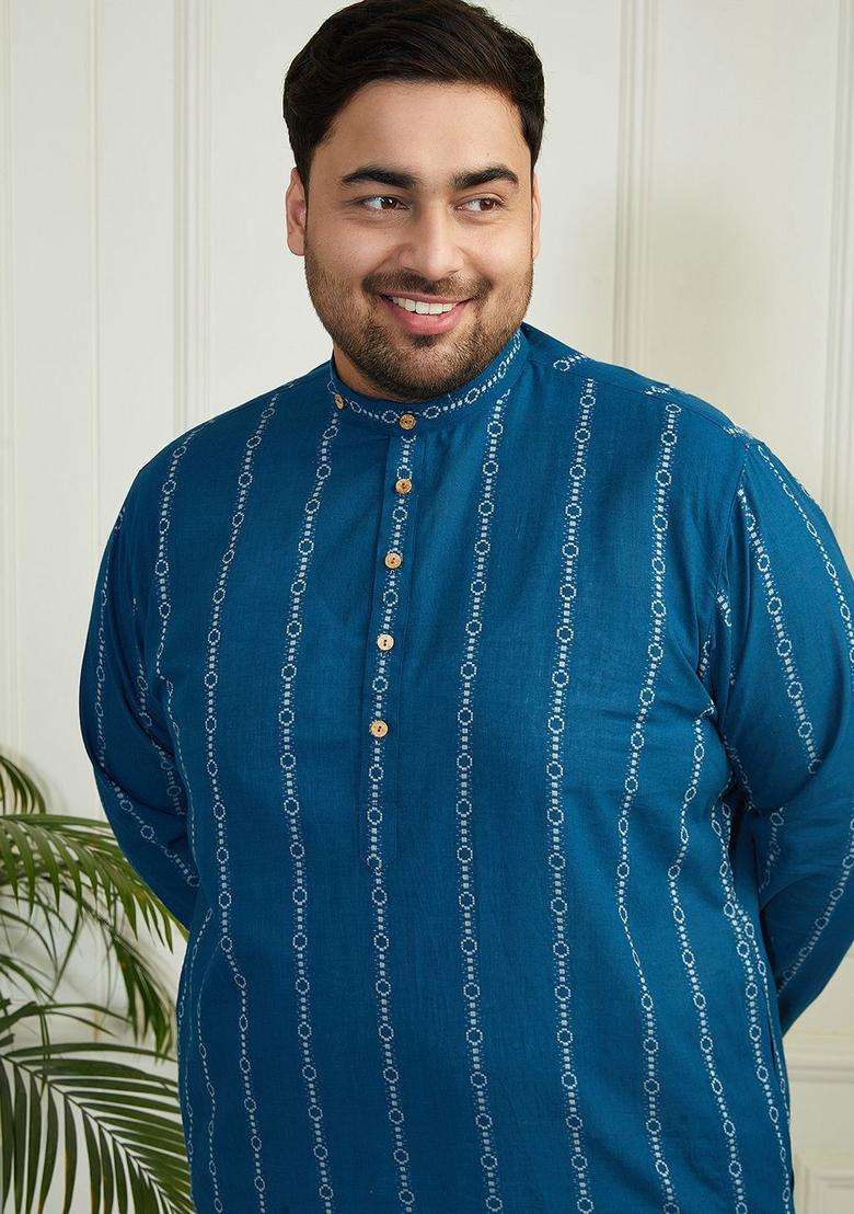 Blue Striped Cotton Kurta Set For Men - Indya