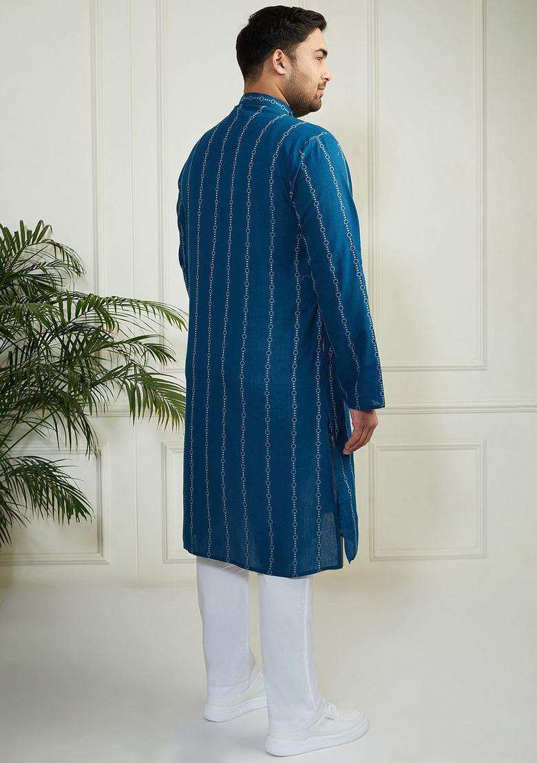 Blue Striped Cotton Kurta Set For Men - Indya