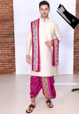 White Printed Cotton Kurta Set For Men