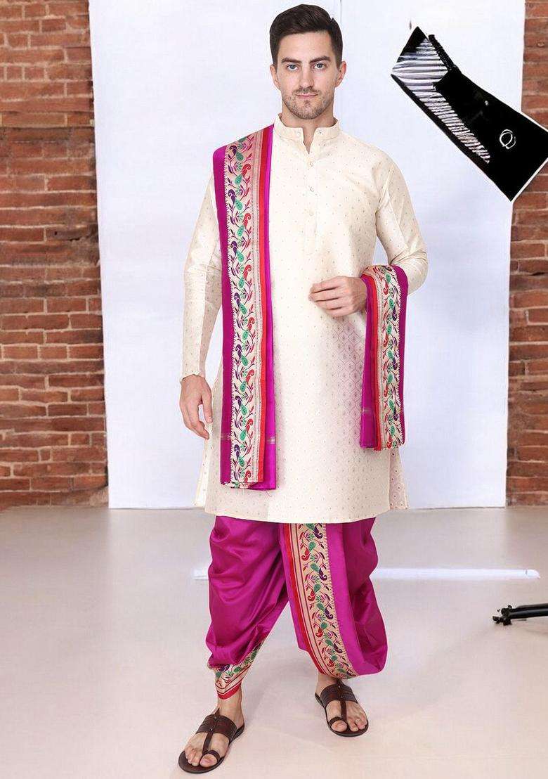 White Printed Cotton Kurta Set For Men - Indya
