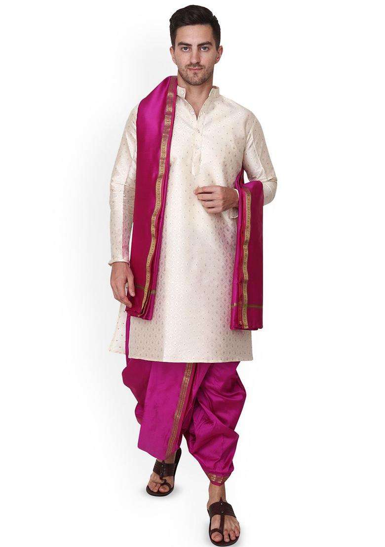 Pink Woven Design Cotton Kurta Set For Men - Indya