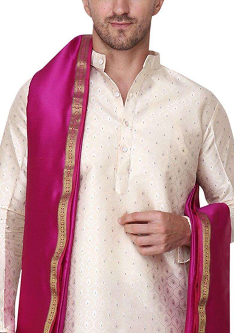 Pink Woven Design Cotton Kurta Set For Men - Indya