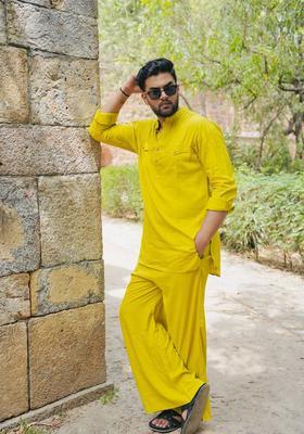 Lime Green Solid Viscose Kurta Set For Men