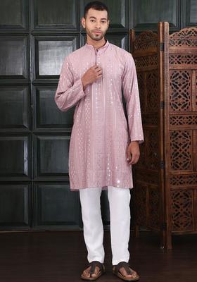 Pink Embroidered Viscose Kurta Set For Men