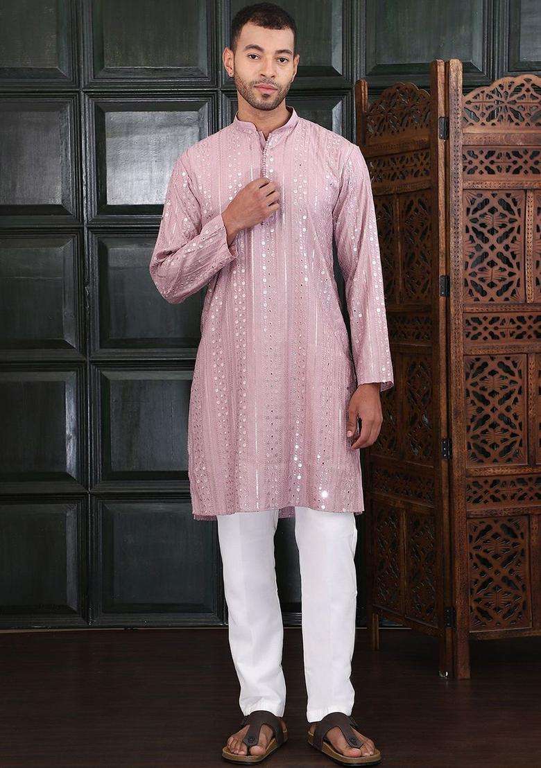 Pink Embroidered Viscose Kurta Set For Men - Indya