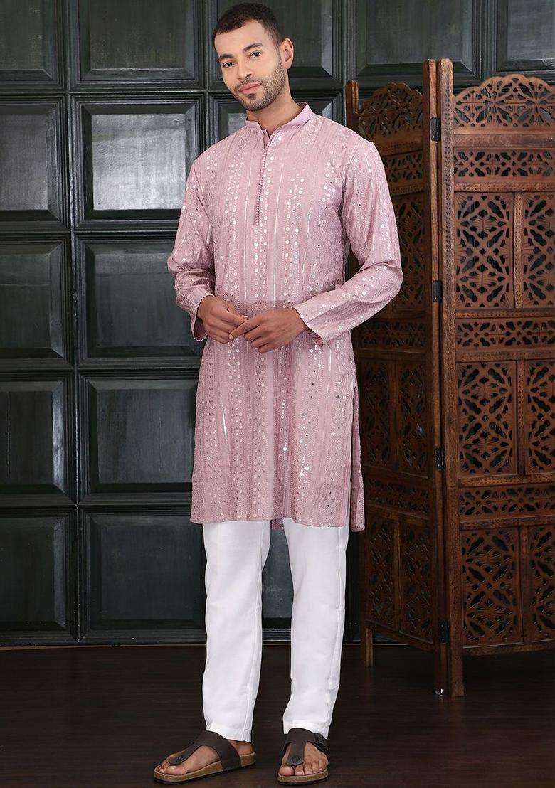 Pink Embroidered Viscose Kurta Set For Men - Indya