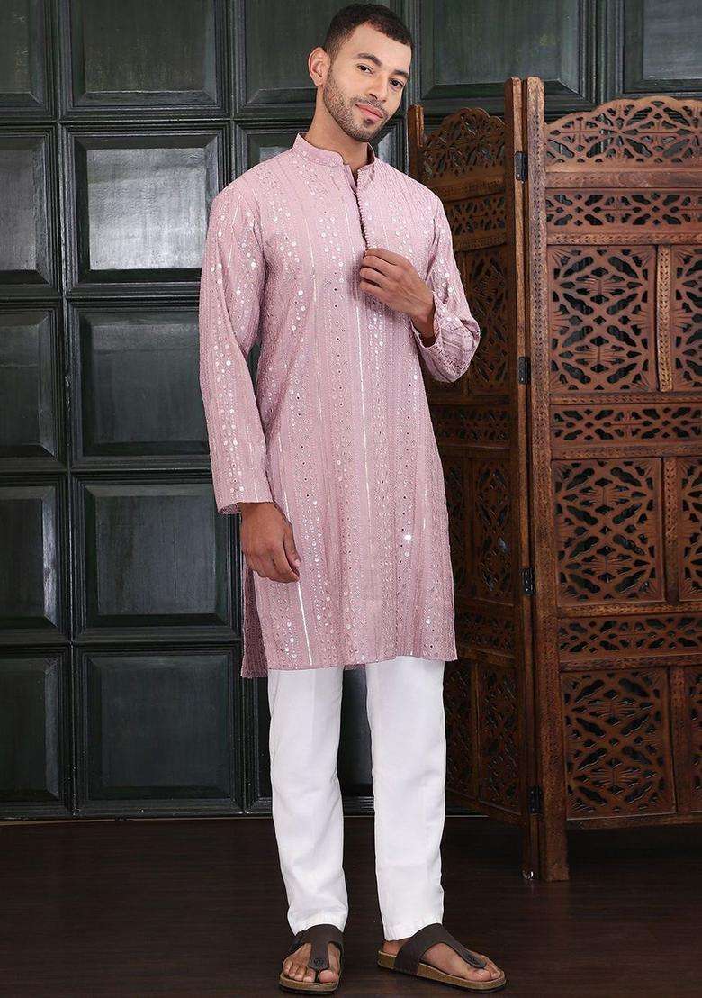 Pink Embroidered Viscose Kurta Set For Men - Indya