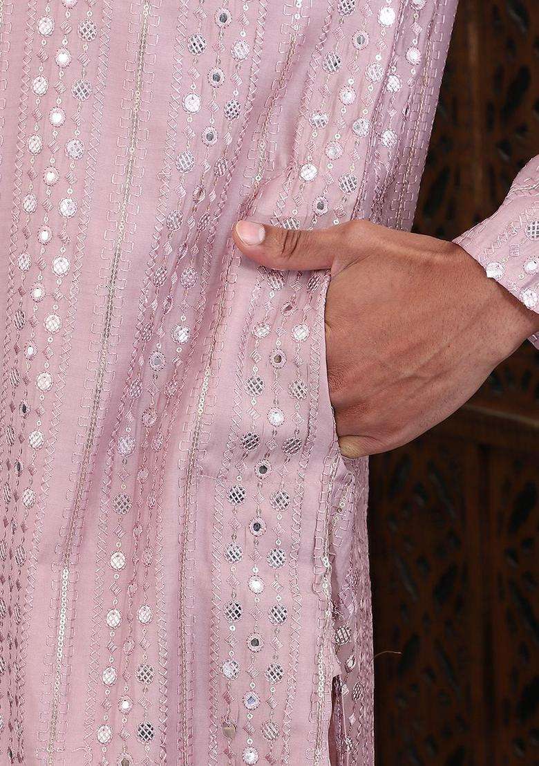 Pink Embroidered Viscose Kurta Set For Men - Indya