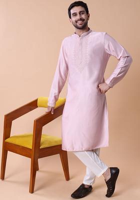 Pink Embroidered Cotton Kurta Set For Men