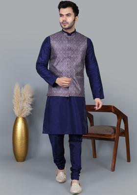 Navy Blue Solid Silk Kurta Set For Men