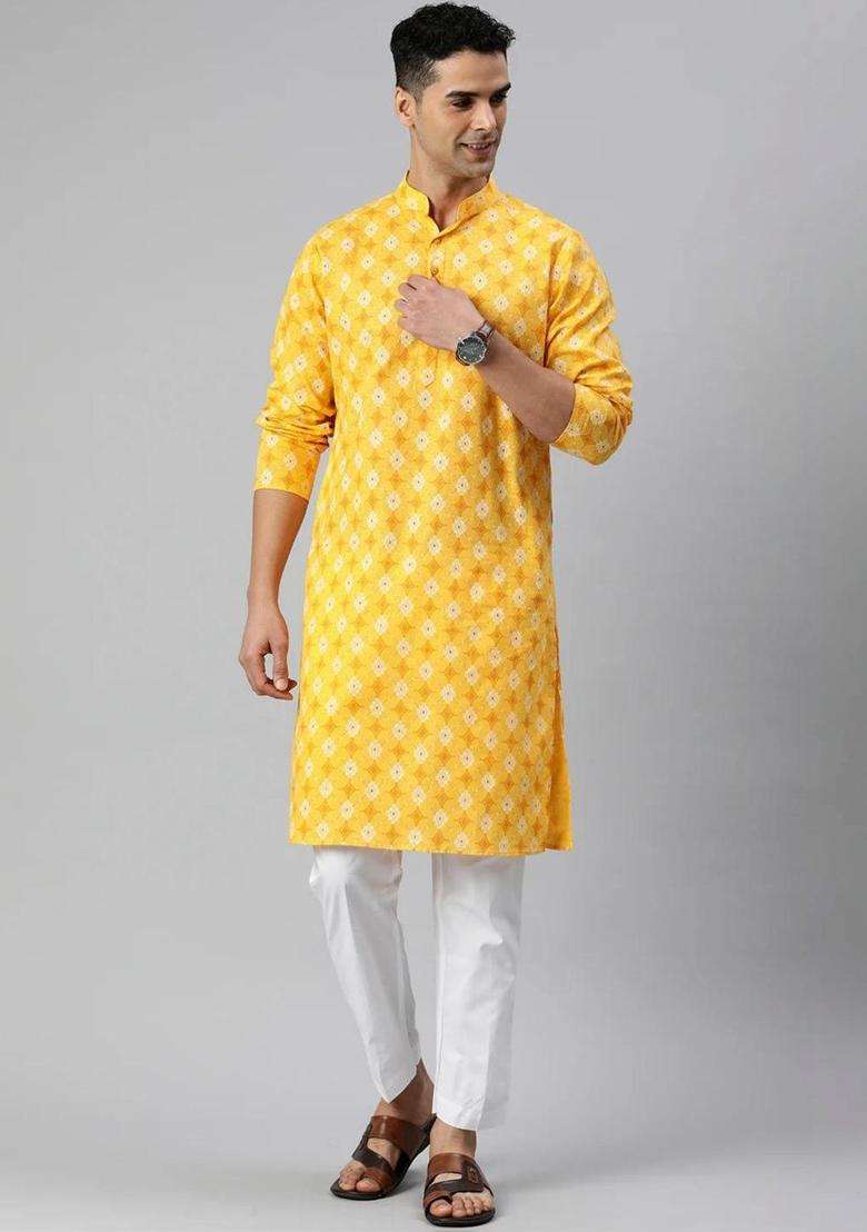 Yellow Printed Cotton Kurta Set For Men - Indya