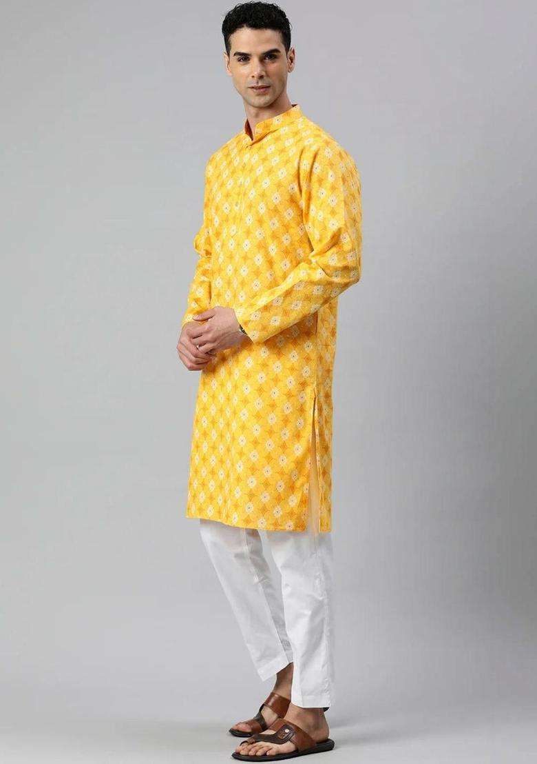 Yellow Printed Cotton Kurta Set For Men - Indya