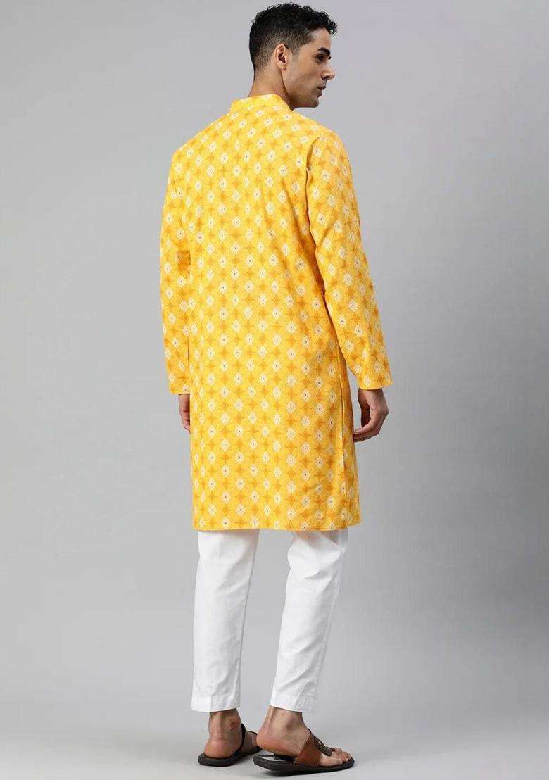 Yellow Printed Cotton Kurta Set For Men - Indya