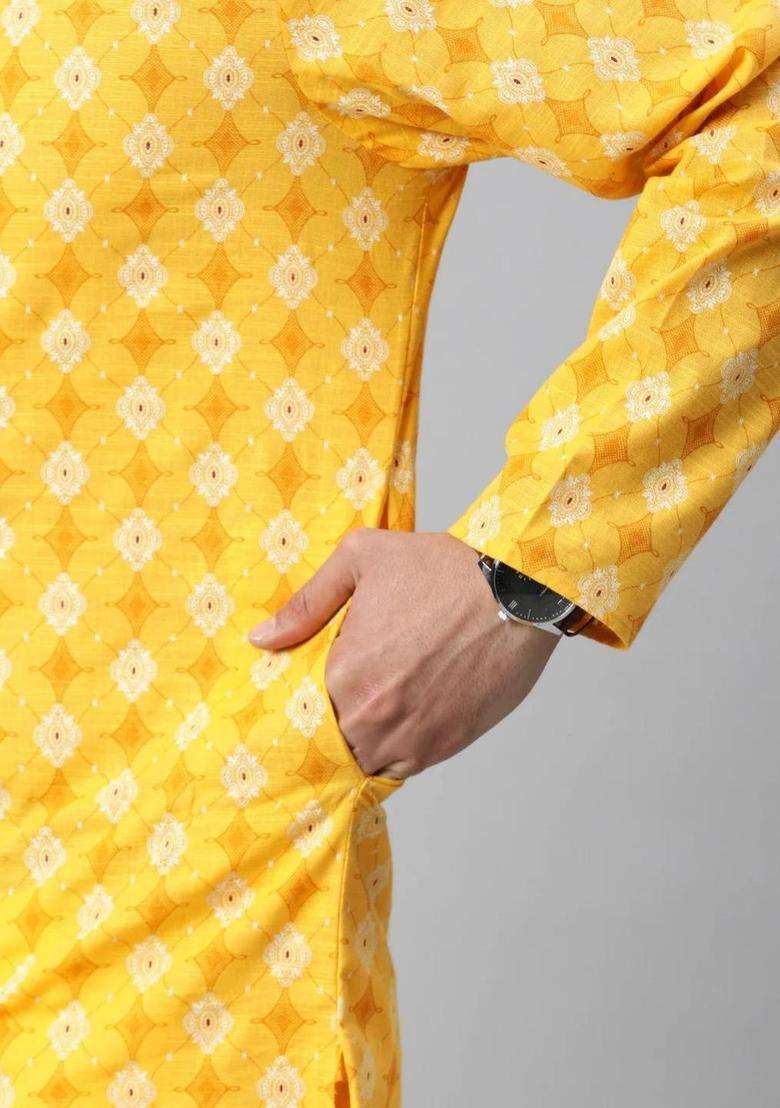 Yellow Printed Cotton Kurta Set For Men - Indya