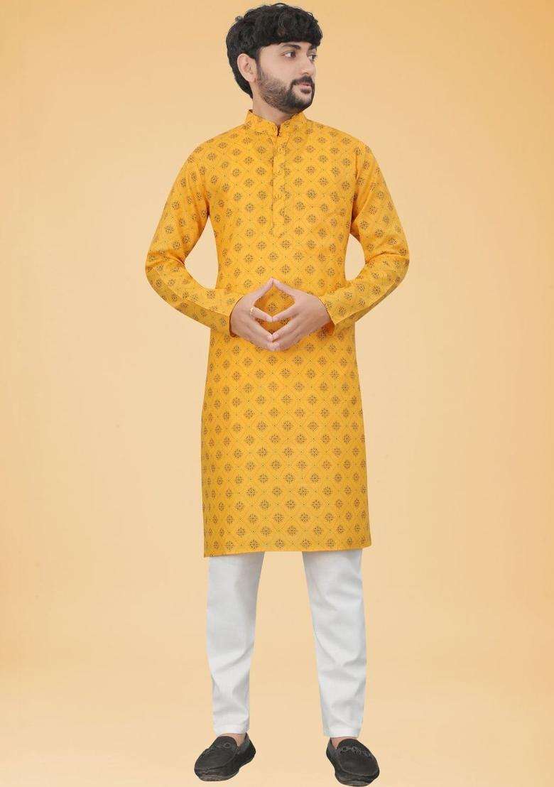 Yellow Printed Cotton Kurta Set For Men - Indya