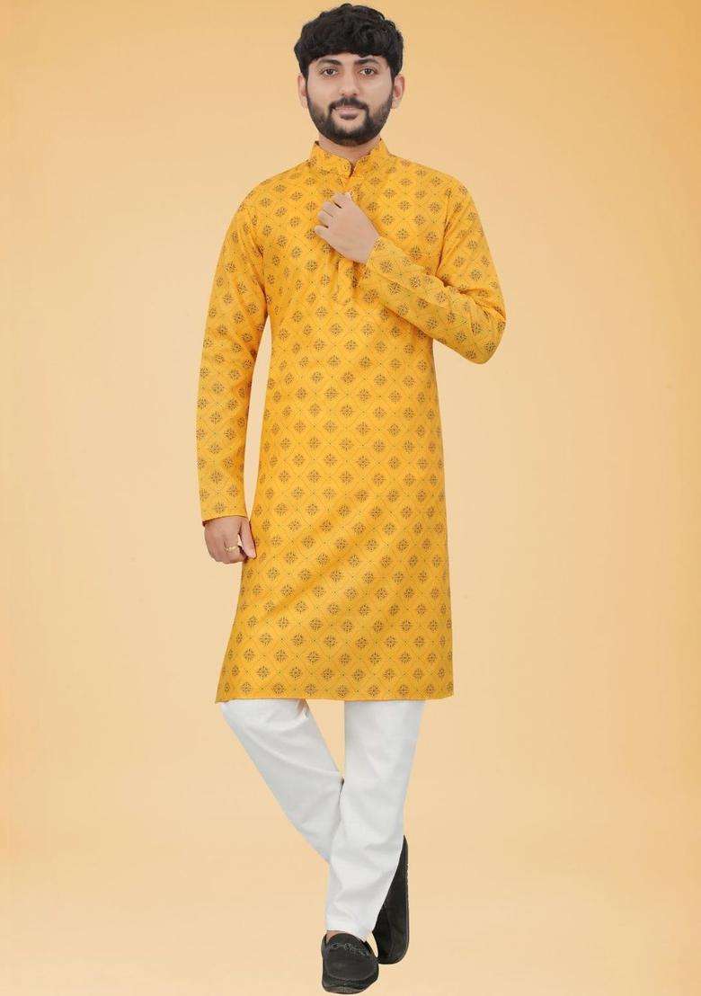 Yellow Printed Cotton Kurta Set For Men - Indya