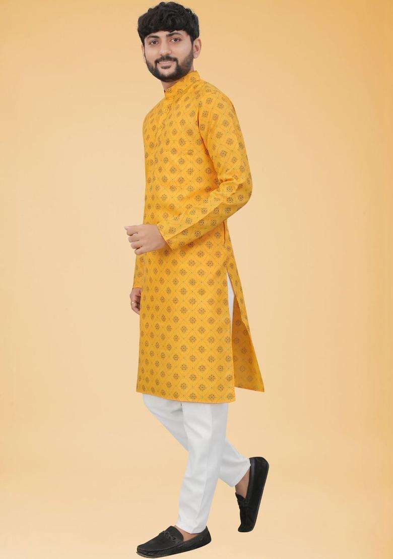 Yellow Printed Cotton Kurta Set For Men - Indya