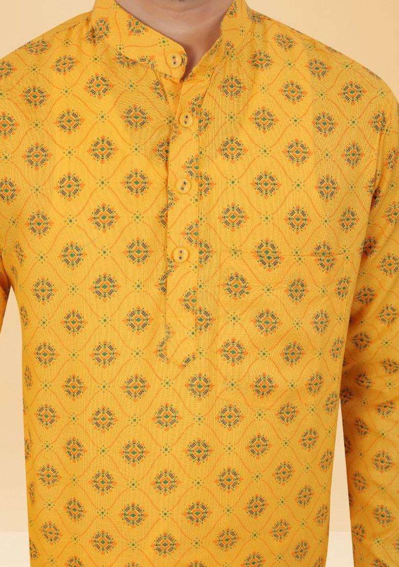 Yellow Printed Cotton Kurta Set For Men - Indya