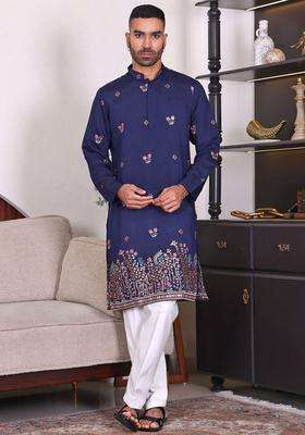 Blue Embroidered Viscose Kurta Set For Men